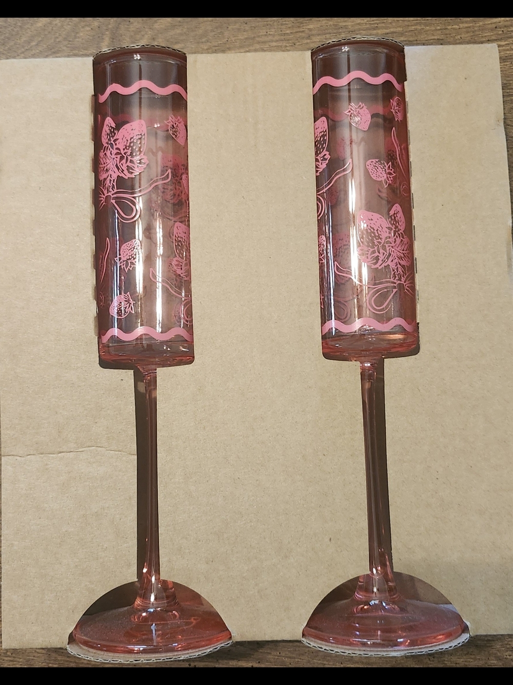 Cottagecore Pink Strawberry Printed Champagne Flutes - Set of 2